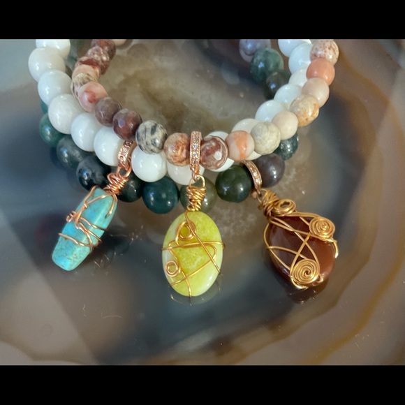 Wire wrap stone carnelian turquoise agate crystal cord necklace handmade boho - Picture 5 of 10